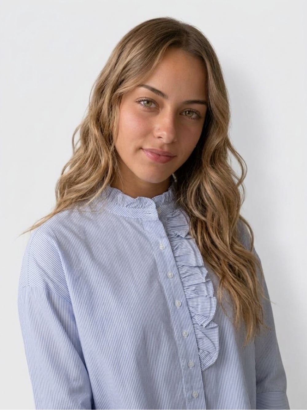 Mango Light Blue Ruffle-Front Button-Down Blouse